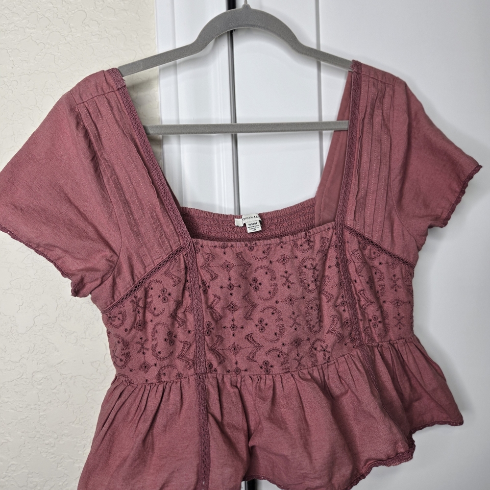 American Eagle Outfitters Mauve Embroidered Blouse- Medium